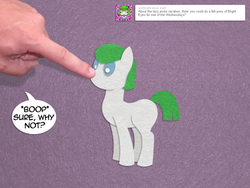 Size: 1024x768 | Tagged: safe, artist:aha-mccoy, oc, oc only, oc:bright eyes, earth pony, pony, nopony-ask-mclovin, ask, boop, felt, hand, speech bubble, tumblr