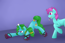 Size: 1280x852 | Tagged: safe, artist:magic-violet, oc, oc only, oc:ruby blossom, oc:wishy washy, earth pony, pony, unicorn, jewelry, marker, marshmallow, roller skates