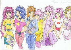 Size: 2336x1663 | Tagged: safe, artist:cleonina, bon bon (g1), bright eyes, clover (g1), melody, patch (g1), starlight (g1), sweetheart, human, equestria girls, g1, g4, my little pony tales, '90s, 7 pony friends, equestria girls-ified, female, g1 to equestria girls, generation leap, humanized
