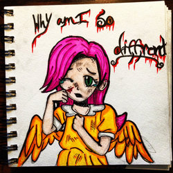 Size: 1024x1024 | Tagged: safe, artist:thecreativestuff, fluttershy, human, g4, blood, crying, female, humanized, injured, solo, traditional art, winged humanization, younger
