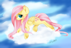 Size: 1024x694 | Tagged: safe, artist:j-lin-mlp, fluttershy, g4, blushing, body blush, cloud, cloudy, female, looking at you, solo