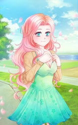Size: 1500x2400 | Tagged: safe, artist:lio-sun, fluttershy, human, g4, beautiful, clothes, cute, dress, female, flower petals, humanized, shyabetes, solo