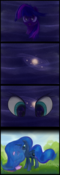 Size: 1200x3464 | Tagged: safe, artist:scootiebloom, princess luna, twilight sparkle, alicorn, pony, g4, comic, cute, duo, ethereal mane, ethereal tail, eye reflection, female, folded wings, galaxy, galaxy mane, looking at each other, looking at something, manegazing, mare, reflection, sitting, slender, space, tail, thin, twiabetes, wings