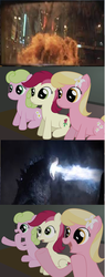 Size: 492x1300 | Tagged: safe, daisy, flower wishes, lily valley, roseluck, kaiju, g4, atomic breath, comic, exploitable meme, flower trio, godzilla, godzilla (monsterverse), godzilla (series), godzilla (tristar), godzilla 1998, godzilla 2014, meme, power breath, reaction guys