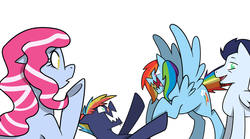 Size: 1024x569 | Tagged: safe, artist:kmwolf, rainbow dash, soarin', oc, oc:cotton candy, oc:prism bolt, earth pony, pegasus, pony, kilalaverse, g4, female, male, oc x oc, offspring, offspring shipping, parent:pinkie pie, parent:pokey pierce, parent:rainbow dash, parent:soarin', parents:pokeypie, parents:soarindash, pregnant, ship:soarindash, shipping, simple background, story in the source, straight, white background