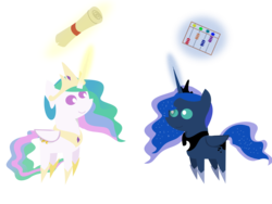 Size: 1600x1200 | Tagged: safe, artist:longct18, princess celestia, princess luna, g4, abacus, chibi, pointy ponies, scroll, simple background