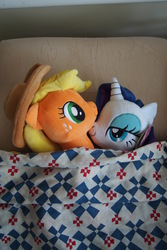 Size: 1696x2544 | Tagged: safe, artist:dynasty-dawn, applejack, rarity, g4, bed, bedsheets, cuddling, cute, female, irl, lesbian, photo, plushie, ship:rarijack, shipping, snuggling