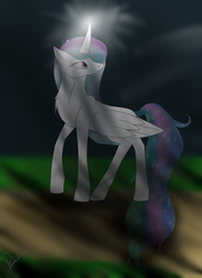 Size: 1700x2338 | Tagged: safe, artist:rita-and-skipper, princess celestia, g4, curved horn, female, horn, missing accessory, night, solo, walking