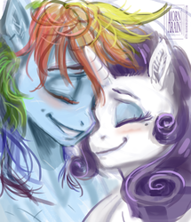 Size: 1390x1616 | Tagged: safe, artist:arainmorn, rainbow dash, rarity, anthro, g4, female, lesbian, ship:raridash, shipping