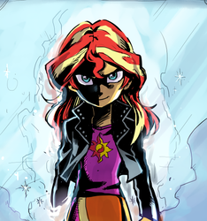 Size: 561x600 | Tagged: dead source, safe, artist:baekgup, sunset shimmer, equestria girls, g4, bad girl, badass, clothes, entrance, evil, evil grin, evil sunset, female, grand theft auto, grin, jacket, leather jacket, looking at you, mirror, scene interpretation, sinister, skirt, smiling, solo, the fall of sunset shimmer, this will not end well, uh oh