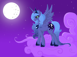 Size: 1135x841 | Tagged: safe, artist:teaganlouise, princess luna, alicorn, pony, g4, cloud, female, full moon, moon, night, solo