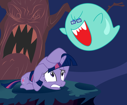 Size: 5155x4248 | Tagged: safe, artist:sunley, twilight sparkle, ghost, pony, unicorn, g4, absurd resolution, boo (super mario), cowering, crossover, duo, fangs, female, glasses, mare, open mouth, scared, super mario bros., tree, unicorn twilight
