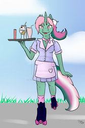 Size: 800x1200 | Tagged: safe, artist:nissatron5000, fizzy, anthro, g1, apron, clothes, cute, fizzybetes, roller skates, sundae, waitress