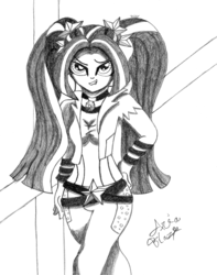 Size: 3000x3800 | Tagged: safe, artist:mark-terron, aria blaze, equestria girls, g4, high res, lip bite, monochrome