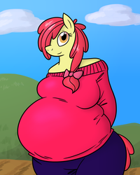 Size: 1000x1250 | Tagged: safe, artist:bigponiesinc, apple bloom, earth pony, anthro, g4, alternate hairstyle, apple blob, bbw, belly, big belly, big breasts, bow, breasts, clothes, fat, female, hips, obese, older, solo, sweater, wide hips