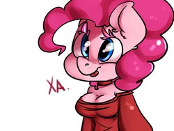 Size: 1600x1200 | Tagged: safe, artist:yukomaussi, pinkie pie, earth pony, anthro, g4, breasts, busty pinkie pie, cleavage, female, solo, tongue out