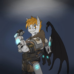 Size: 894x894 | Tagged: safe, artist:slouping, oc, oc:frostborn, bat pony, anthro, anthro oc, armor, bat wings, crossover, evolve, fangs, looking at you, medic, runes, scar, smirk