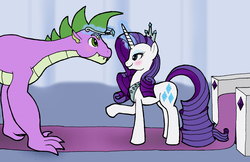 Size: 2550x1650 | Tagged: safe, artist:bico-kun, rarity, spike, dragon, pony, unicorn, g4, crown, duo, female, male, mare, older, older spike, ship:sparity, shipping, straight