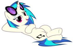 Size: 4087x2652 | Tagged: safe, artist:mrlolcats17, dj pon-3, vinyl scratch, pony, unicorn, g4, bedroom eyes, belly button, cutie mark, female, hooves, horn, lying down, mare, open mouth, simple background, solo, sunglasses, transparent background, vector
