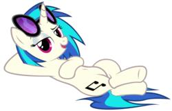 Size: 4087x2652 | Tagged: safe, artist:mrlolcats17, dj pon-3, vinyl scratch, pony, unicorn, g4, bedroom eyes, belly button, cutie mark, female, hooves, horn, lying down, mare, open mouth, simple background, solo, sunglasses, transparent background, vector, vinyl's glasses