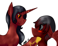 Size: 504x395 | Tagged: source needed, useless source url, safe, artist:kittys-yay, cinder fall, ponified, ruby rose, rwby, stranger danger