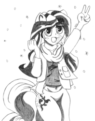 Size: 3000x3800 | Tagged: safe, artist:mark-terron, sunset shimmer, equestria girls, g4, belly button, belly piercing, bellyring, eared humanization, high res, humanized, monochrome, peace sign, piercing, ponied up, snow, snowfall, tailed humanization