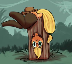 Size: 1337x1187 | Tagged: safe, artist:yukomaussi, applejack, earth pony, pony, semi-anthro, g4, :c, applebucking thighs, applebutt, clothes, cowboy hat, female, hat, log, silly, silly pony, solo, stetson, stockings, stuck, tree, upside down, who's a silly pony