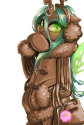 Size: 283x420 | Tagged: dead source, safe, artist:semi-kon, queen chrysalis, oc, oc:fluffle puff, semi-anthro, g4, clothes, coat, earmuffs, handbag, palindrome get