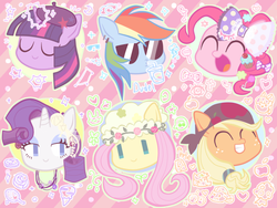 Size: 800x601 | Tagged: dead source, safe, artist:momo, applejack, fluttershy, pinkie pie, rainbow dash, rarity, twilight sparkle, g4, c:, chibi, clothes, cute, dashabetes, diapinkes, eyes closed, grin, head only, jackabetes, mane six, no pupils, open mouth, raribetes, shyabetes, smiling, twiabetes