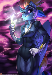 Size: 840x1200 | Tagged: safe, artist:atryl, rainbow dash, zapp, pegasus, anthro, g4, power ponies (episode), abs, clothes, costume, female, grin, lightning, looking at you, magic, patreon, patreon logo, power ponies, smiling, smirk, solo