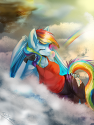 Size: 1500x2000 | Tagged: safe, artist:toskurra, rainbow dash, anthro, g4, bubblegum, cloud, cloudy, rainbow