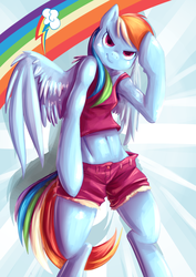Size: 2507x3541 | Tagged: safe, artist:caindra, rainbow dash, anthro, g4, arm hooves, belly button, clothes, female, high res, midriff, shorts, solo, spread wings, tank top