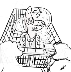 Size: 708x713 | Tagged: safe, artist:zlack3r, princess luna, human, g4, crown, cute, filly, folded wings, grayscale, jewelry, looking up, lunabetes, monochrome, offscreen character, open mouth, pov, princess shoes, regalia, shopping cart, signature, simple background, smiling, solo focus, white background, woona