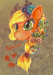 Size: 1696x2388 | Tagged: safe, artist:swallowchaser, applejack, g4, flower, flower in hair, portrait