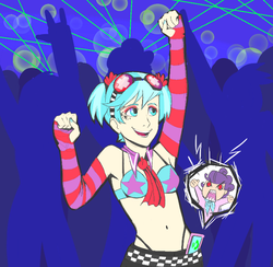 Size: 701x683 | Tagged: artist needed, safe, coco pommel, suri polomare, human, g4, alternate hairstyle, angry, belt, clothes, dancing, detached sleeves, female, humanized, panties, phone, rave, smartphone, thong, underwear
