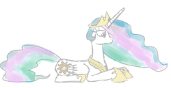 Size: 1600x826 | Tagged: safe, artist:asclearascrystal, princess celestia, g4, female, prone, simple background, solo, white background
