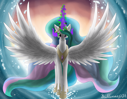 Size: 2555x2000 | Tagged: safe, artist:dreamyartcosplay, princess celestia, alicorn, pony, g4, clothes, dark magic, female, high res, jewelry, magic, peytral, shoes, solo, sombra eyes, spread wings, tiara, wings