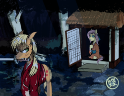 Size: 1280x989 | Tagged: safe, artist:ceckraft, applejack, fluttershy, g4, crossover, mouth hold, rurouni kenshin, sword