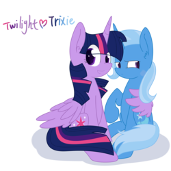 Size: 2995x3000 | Tagged: safe, artist:yaco, trixie, twilight sparkle, alicorn, pony, g4, female, floating wings, high res, hug, lesbian, mare, ship:twixie, shipping, twilight sparkle (alicorn), winghug