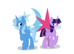 Size: 4657x3430 | Tagged: safe, artist:yaco, trixie, twilight sparkle, alicorn, pony, g4, female, high res, lesbian, mare, mouth hold, princess tsunlight, ship:twixie, shipping, tsundere, tsunderixie, tsunlight sparkle, twilight sparkle (alicorn)