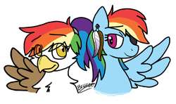 Size: 726x430 | Tagged: safe, artist:breezepleeze, rainbow dash, oc, oc:rainbow feather, hybrid, g4, daughter, eyepatch, feather, interspecies offspring, magical lesbian spawn, mother and daughter, offspring, parent:gilda, parent:rainbow dash, parents:gildash, portrait