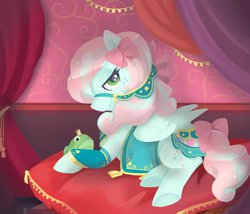 Size: 1024x876 | Tagged: safe, artist:parfywarfy, oc, oc only, oc:parfait, frog, bow, cushion, pillow, saddle, solo