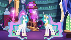 Size: 960x540 | Tagged: safe, princess celestia, principal celestia, pony, princess molestia, equestria girls, g4, my little pony equestria girls: rainbow rocks, bracelet, ponified, ponified humanized pony, portal, portal machine, principal molestia, self ponidox, selfcest, watch