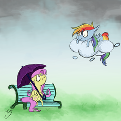 Size: 2000x2000 | Tagged: safe, artist:darknightdragon1, fluttershy, rainbow dash, pegasus, pony, g4, bench, chibi, cloud, floppy ears, frown, high res, looking up, on a cloud, prone, raincloud, sad, sitting, umbrella, wide eyes