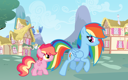 Size: 8192x5120 | Tagged: safe, artist:unoriginai, rainbow dash, oc, oc:sugar crash, pegasus, pony, g4, absurd resolution, backwards cutie mark, colt, cute, looking back, magical lesbian spawn, male, offspring, parent:pinkie pie, parent:rainbow dash, parents:pinkiedash, ponyville, pregnant, smiling, trotting