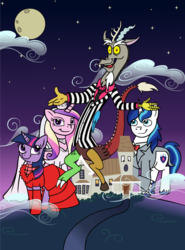 Size: 741x1000 | Tagged: safe, artist:jadeile, discord, princess cadance, shining armor, twilight sparkle, g4, beetlejuice