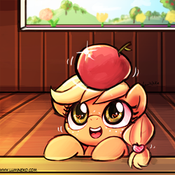 Size: 500x500 | Tagged: safe, artist:lumineko, applejack, earth pony, pony, g4, apple, balancing, cute, eyes on the prize, female, filly, filly applejack, freckles, jackabetes, open mouth, smiling, solo, that pony sure does love apples, younger