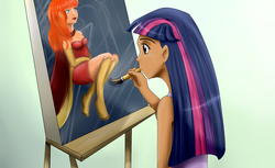 Size: 1632x1000 | Tagged: safe, artist:riadorana, twilight sparkle, human, g4, clothes, easel, humanized, painting