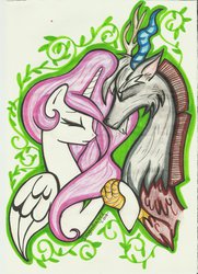 Size: 1024x1412 | Tagged: safe, artist:dragonfoxgirl, discord, princess celestia, g4, female, male, ship:dislestia, shipping, straight