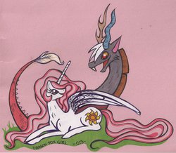 Size: 1024x894 | Tagged: safe, artist:dragonfoxgirl, discord, princess celestia, g4, female, male, pink-mane celestia, ship:dislestia, shipping, straight, younger